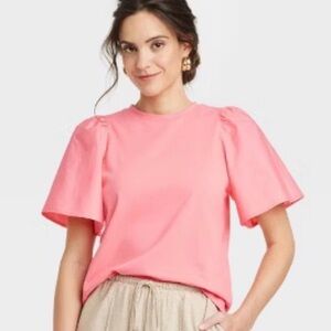 NWOT Women's KTW New Day Coral Puff Elbow Sleeve Mixed Media Top XS